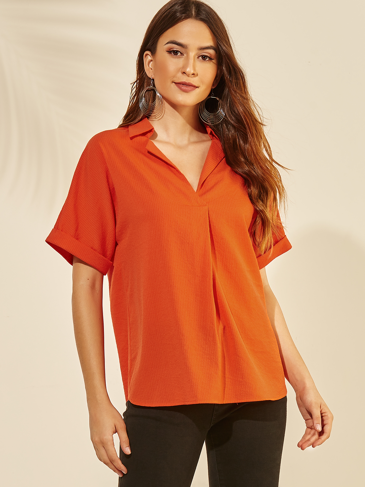 YOINS Orange Revere Collar Half Sleeves Tee