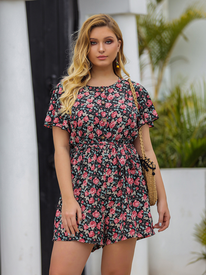 Plus Size Belt Design Calico Short Sleeves Playsuit