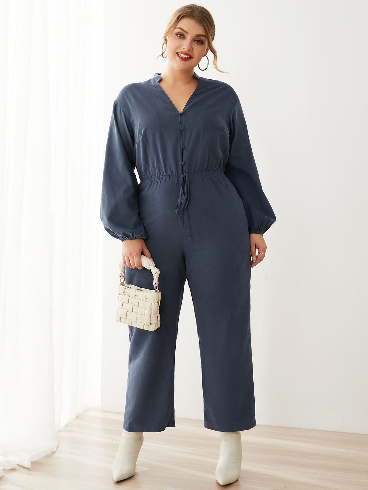 YOINS Plus Size V-neck Button Design Side Pockets Long Sleeves Jumpsuit