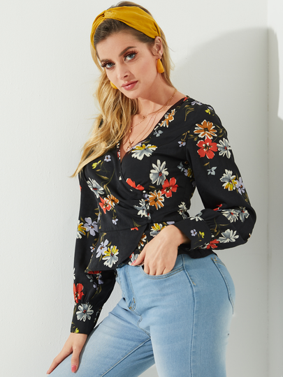 YOINS Black Wrap Design Random Floral Long Sleeves Shirt
