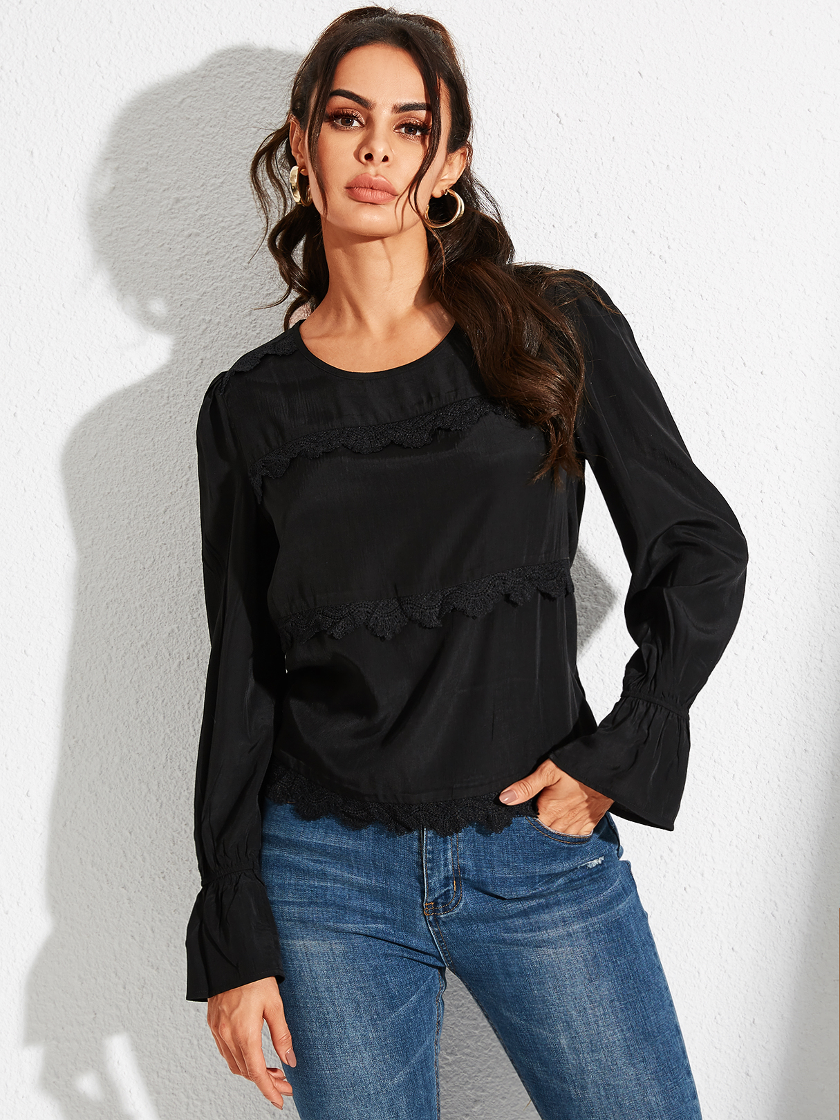 YOINS Black Lace Trim Patchwork Round Neck Long Sleeves Blouse