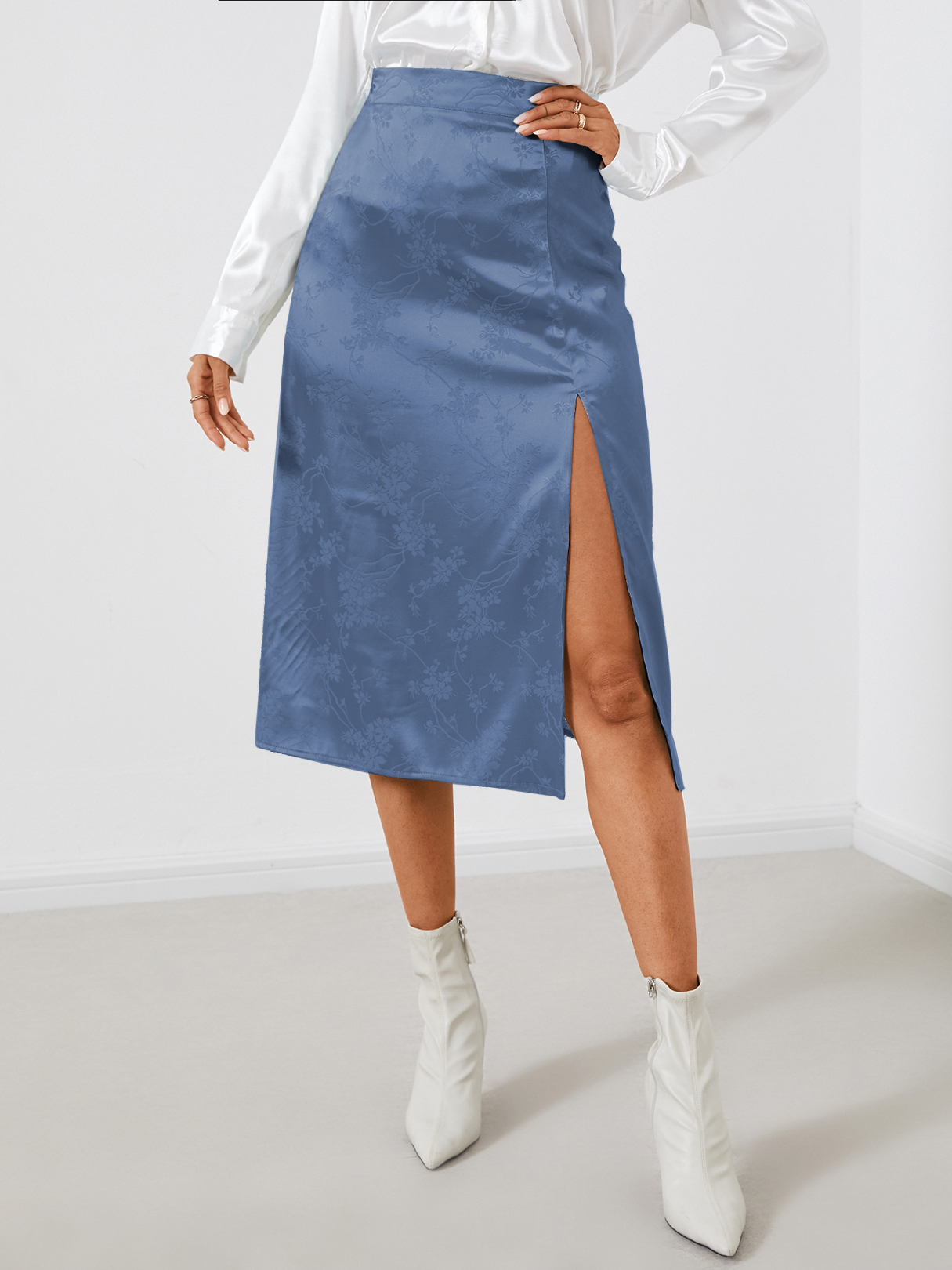 YOINS Jacquard Satin Slit Hem Skirt