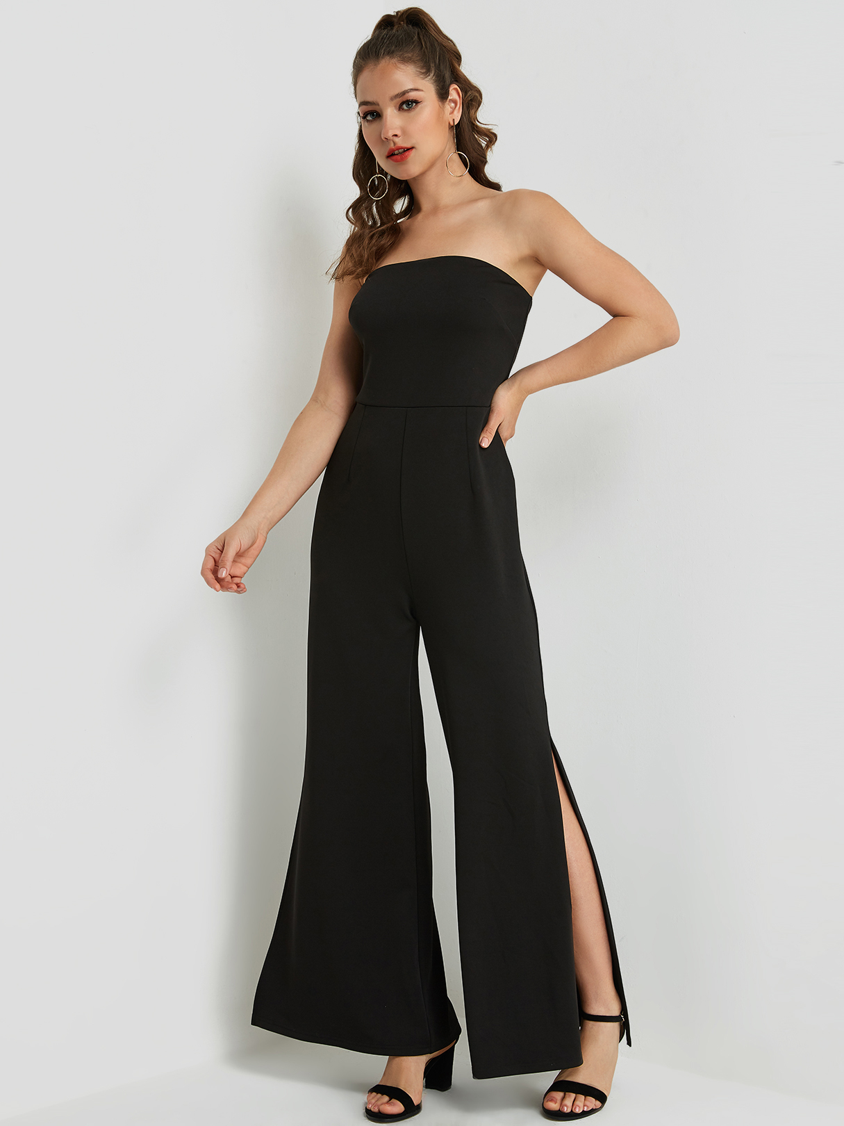 Black Strapless Tight Waist Slit Hem Jumpsuit