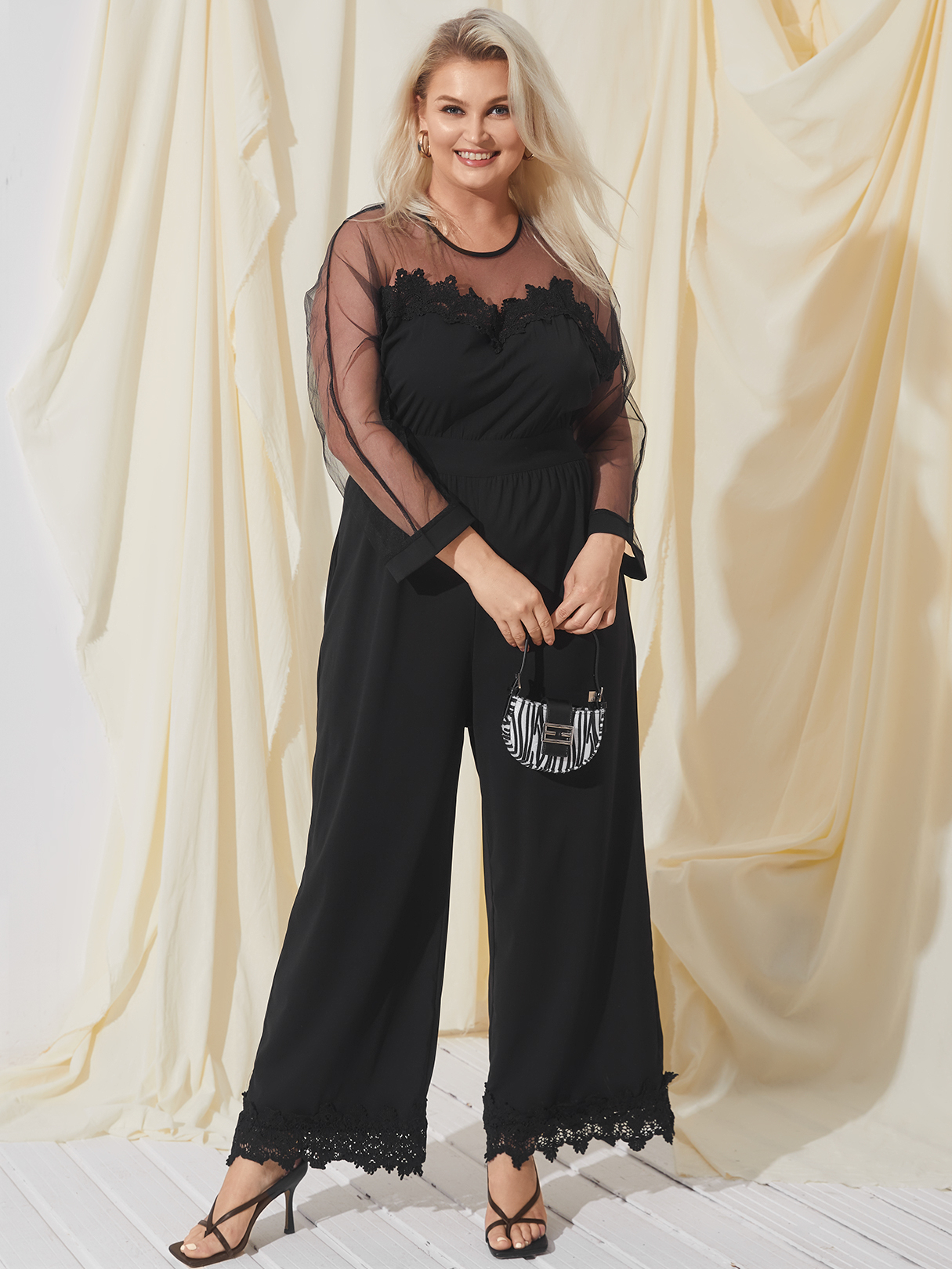 YOINS Plus Size Crew Neck Mesh Long Sleeves Jumpsuit
