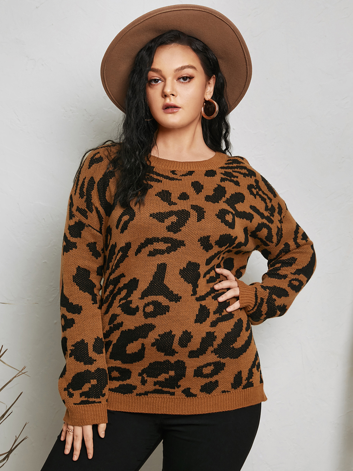 Plus Size Round Neck Leopard Long Sleeves Sweater