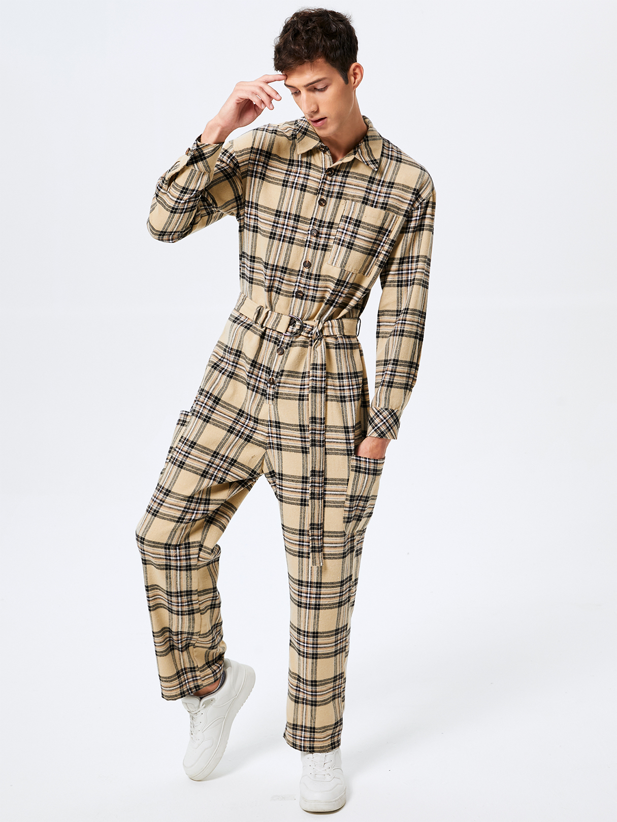 Men Fashion Plaid Print Button Front Long Sleeve Overalls Jumpsuit