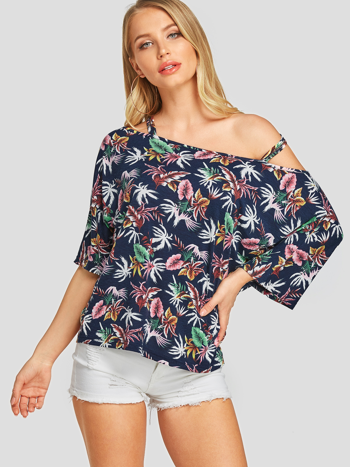 YOINS Navy Backless Floral Print Off The Shoulder Tee
