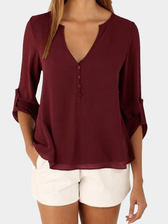 Burgundy V-neck Long Sleeves Irregular Hem Top