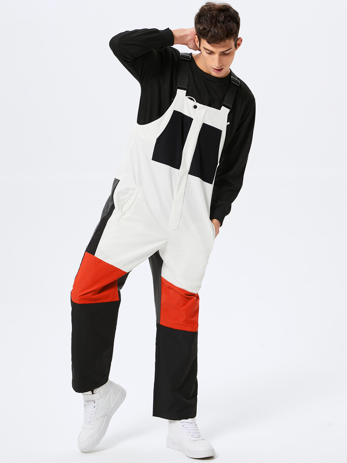 Men Casual Color Block Patchwork Multi-Pocket Suspenders Overalls Jumpsuit