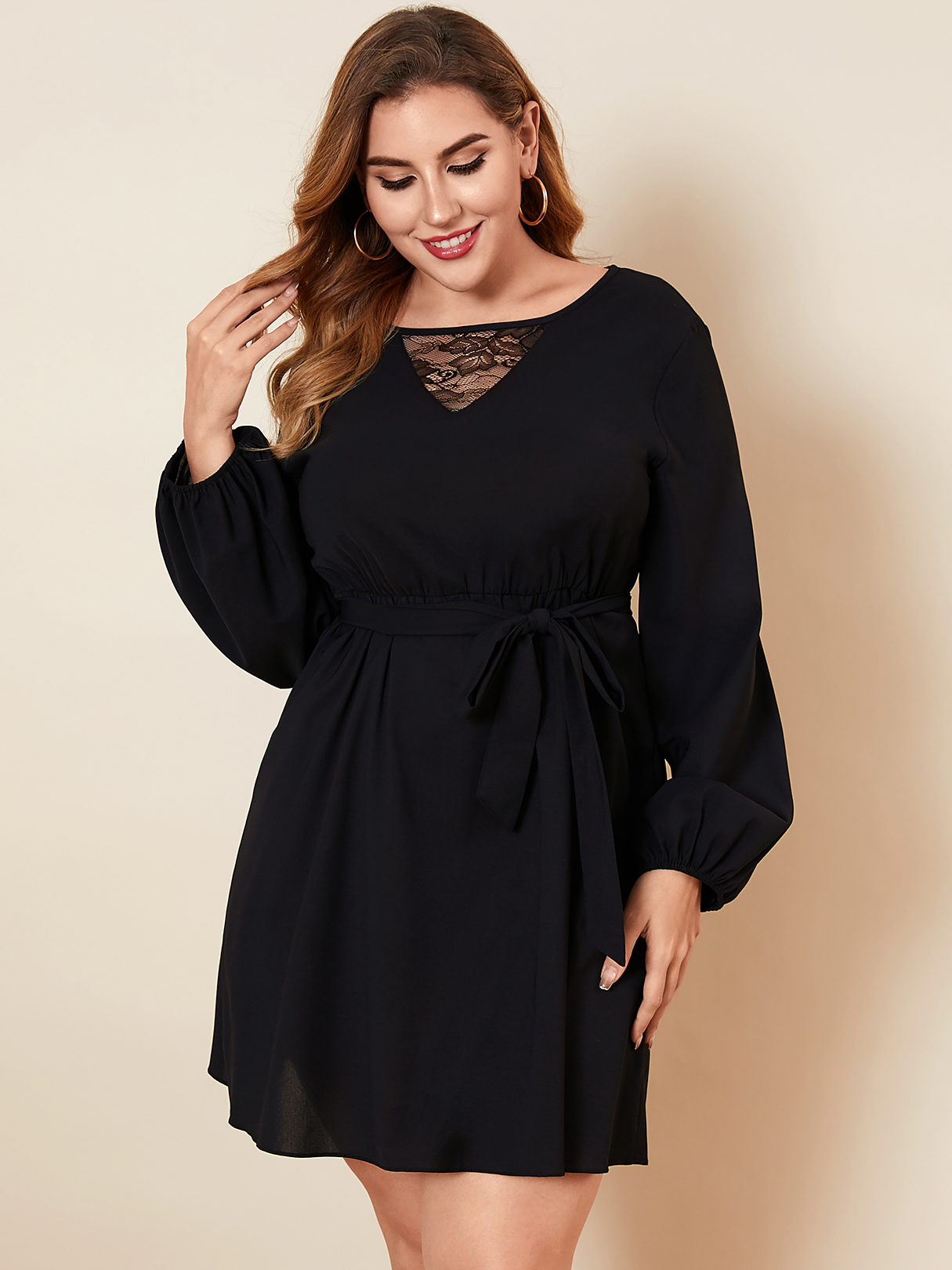Plus Size V-neck Belt Design Lace Long Sleeves Mini Dress