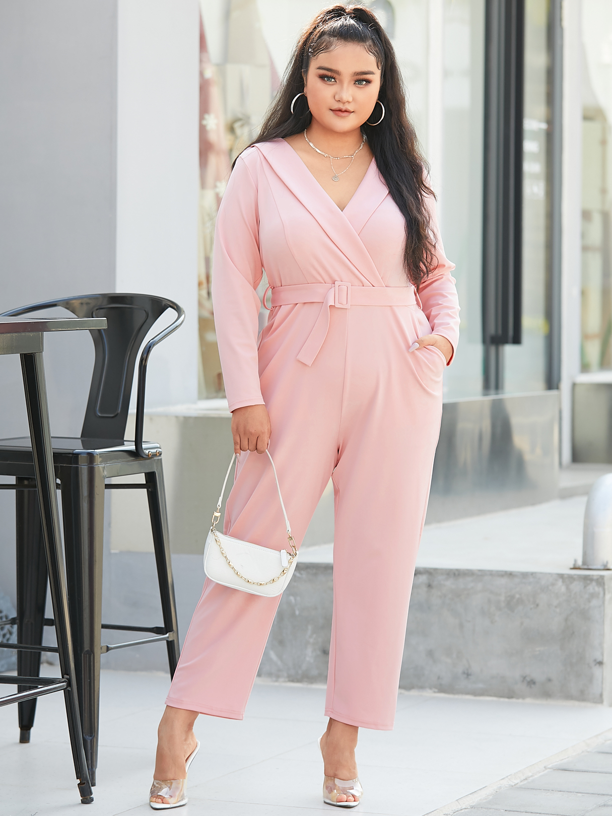 YOINS Plus Size V-neck Belt Design Wrap Design Long Sleeves Jumpsuit