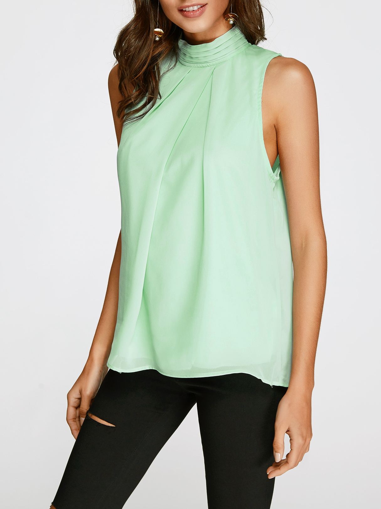 Green High Neck Open Back Pleated Chiffon Tank Top