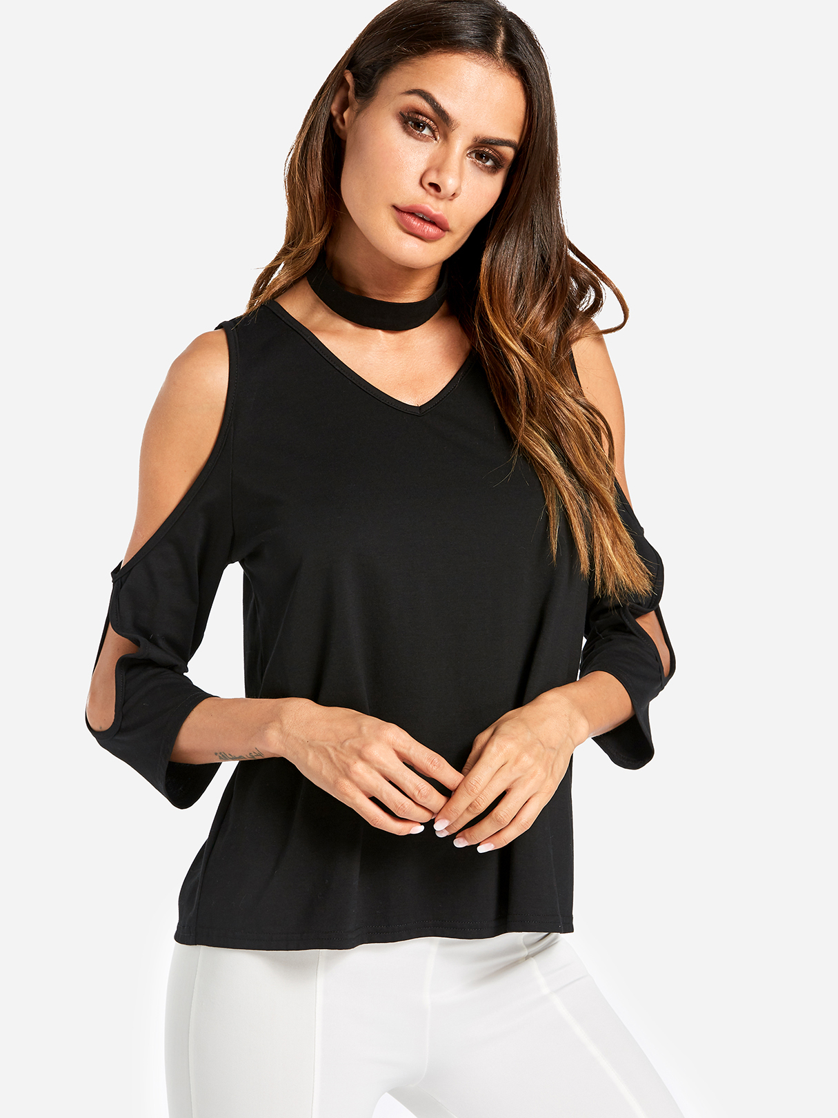 Black Cut Out Cold Shoulder V-neck Top