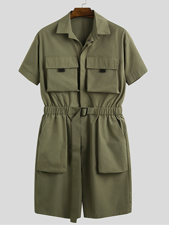 Men Street Style Casual Button Up Multi Pocket Overalls Jumpsuit