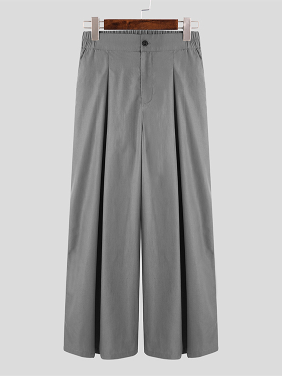 INCERUN Men Fashion Solid Color Pleated Wide Leg Casual Pants
