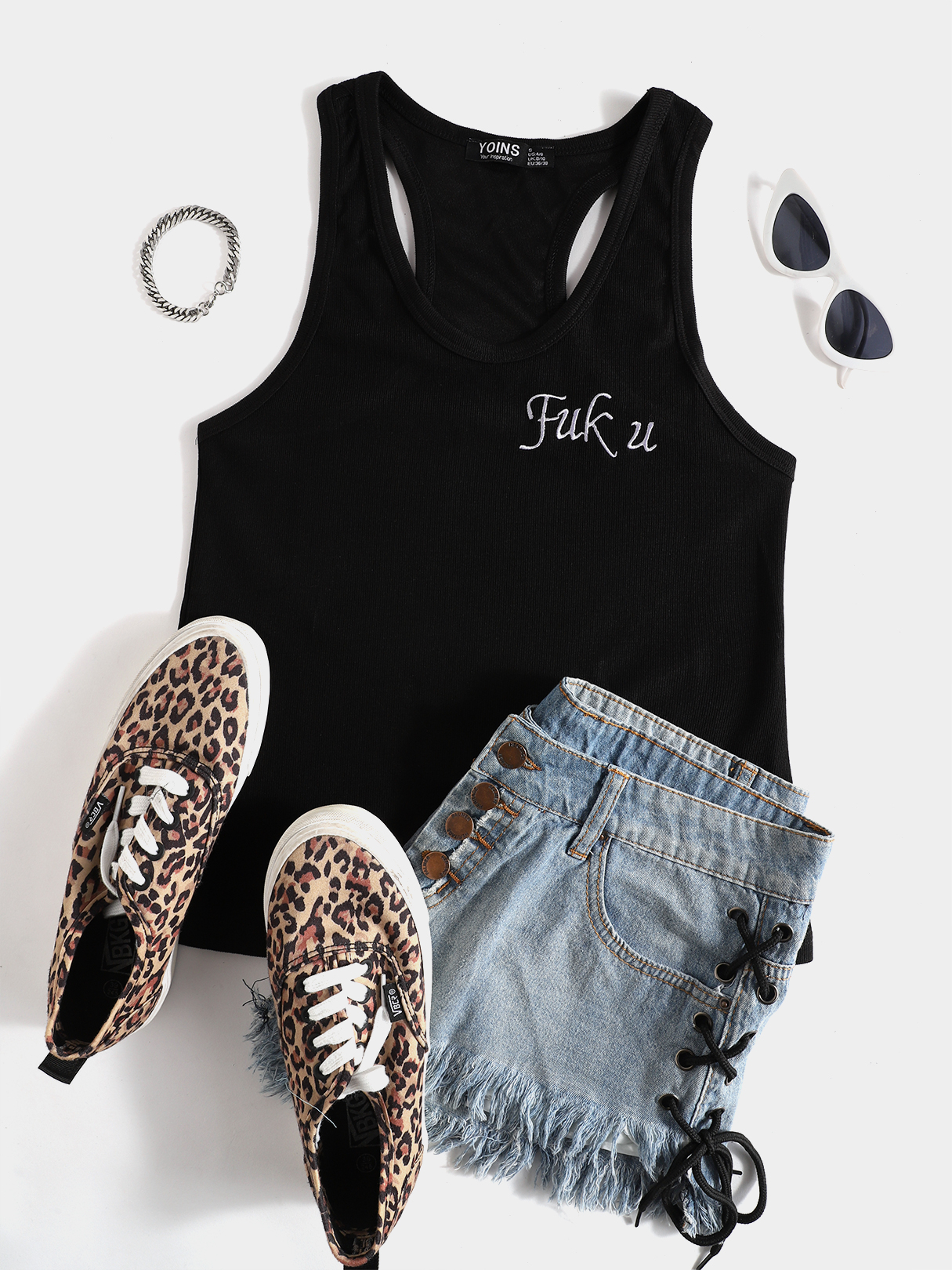 White Letter Print Round Neck Sleeveless Sports Tank Top