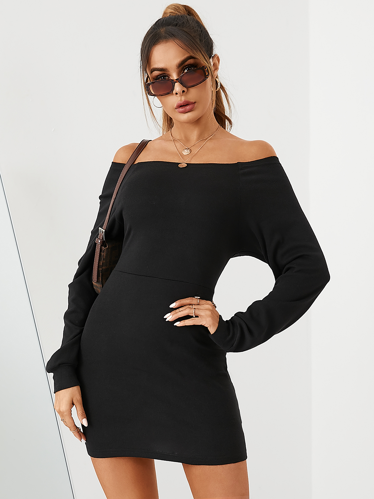 YOINS BASICS Black Off The Shoulder Long Sleeves Dress