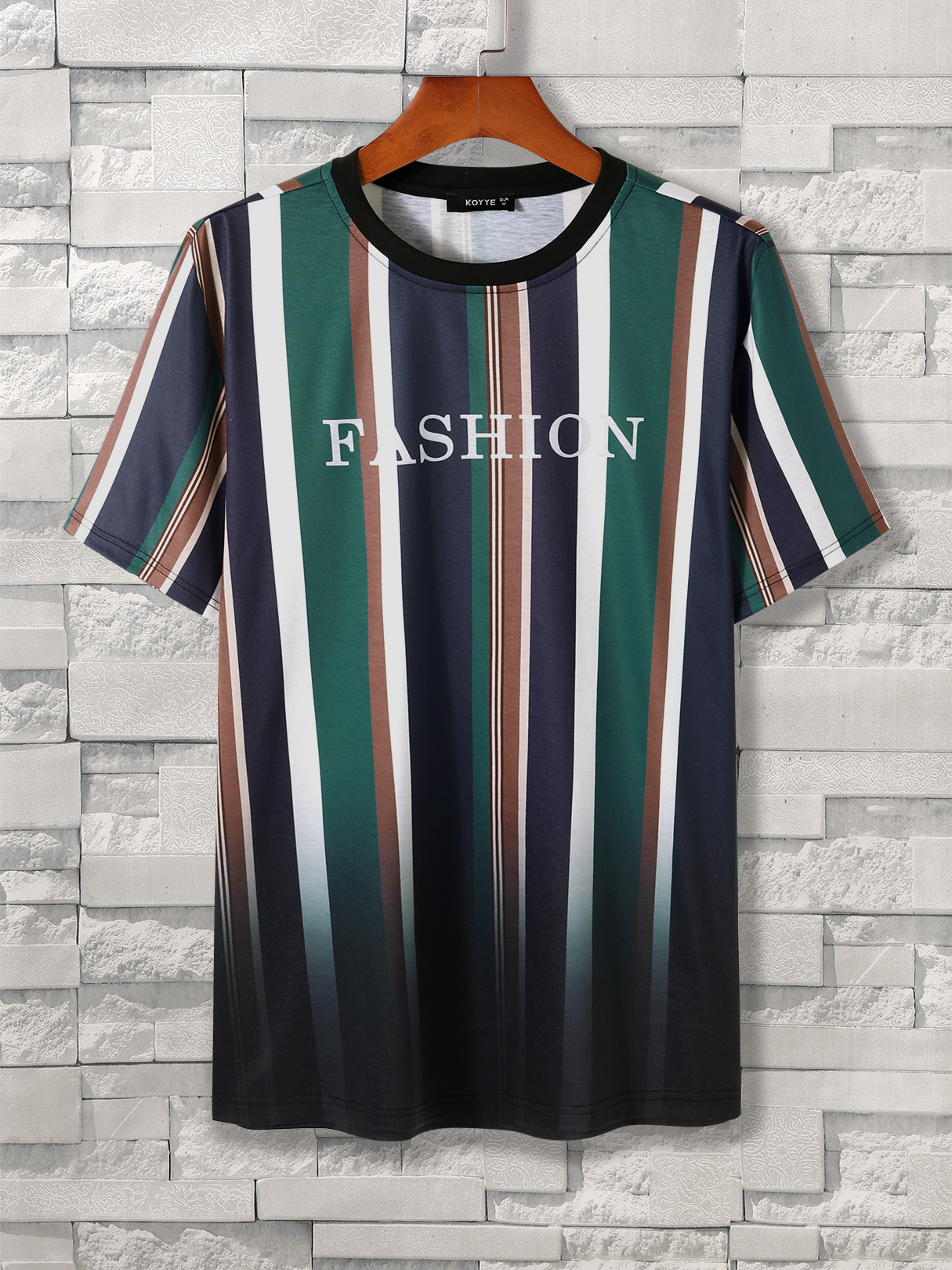 KOYYE Men Casual Letter Striped Print T-Shirt
