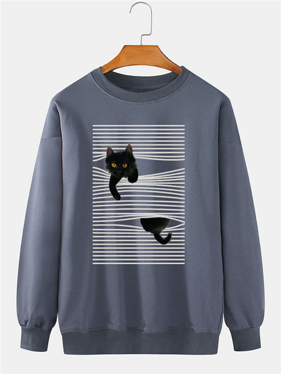 Men Cartoon Cat Print 100% Cotton Crew Neck Sweatshirt