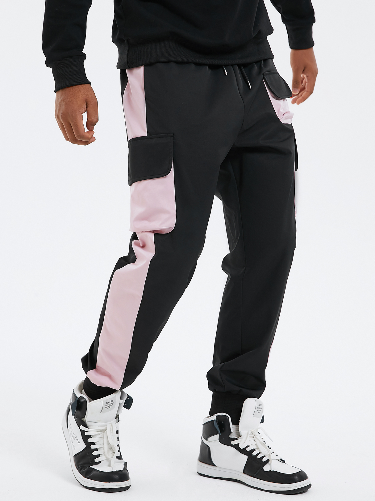 Men Fashion Color Block Drawstring Elastic Waist Cargo Pants