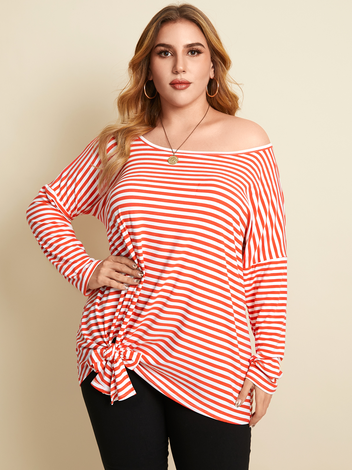 YOINS Plus Size Round Neck Striped Tie-up Design Long Sleeves Tee