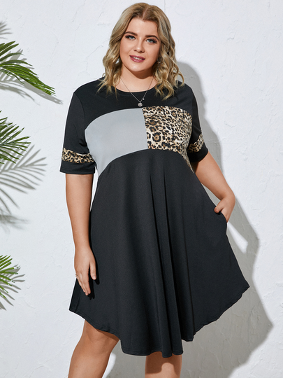 Plus Size Leopard Patchwork Design Short Sleeves Dress