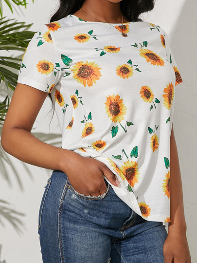 YOINS White Random Sunflower Print Crew Neck Short Sleeves Tee