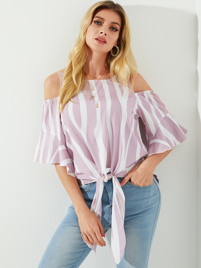 YOINS Ruffle Trim Striped Cold Shoulder Half Sleeves Blouse