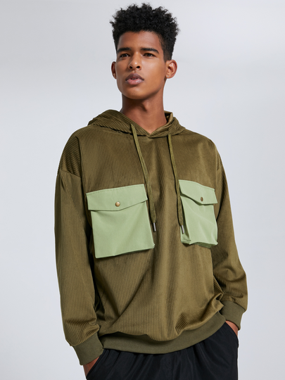 Men Hooded Color Block Drawstring Pocket Hoodie