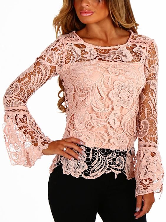 Pink See-through Lace Round Neck Long Sleeves Sexy Top