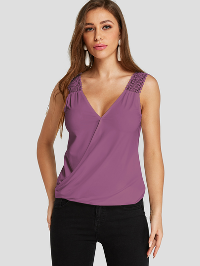 Purple Lace Insert Deep V Neck Fashion Top
