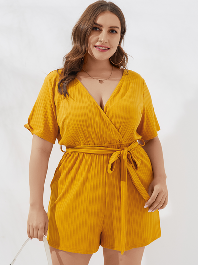 YOINS Plus Size Belt Design V-neck Short Sleeves Playsuit