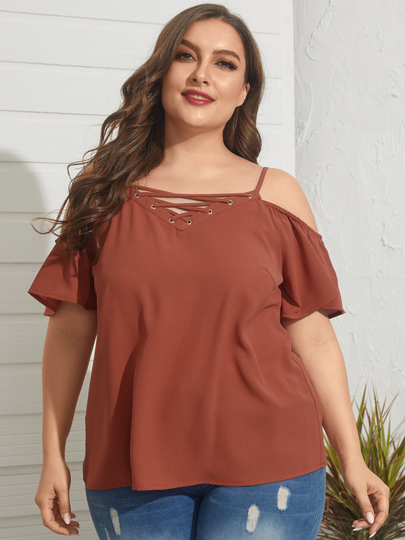 YOINS Plus Size Cold Shoulder Criss-cross Short Sleeves Blouse