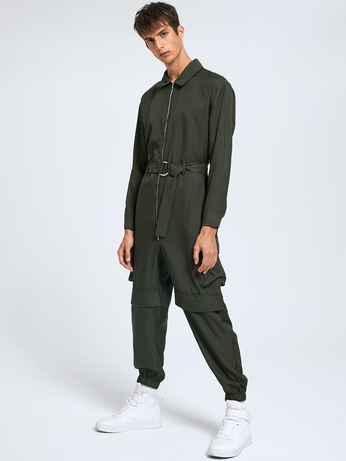 Men Fashion Plaid Print Belt Design Long Sleeve Overalls Jumpsuit