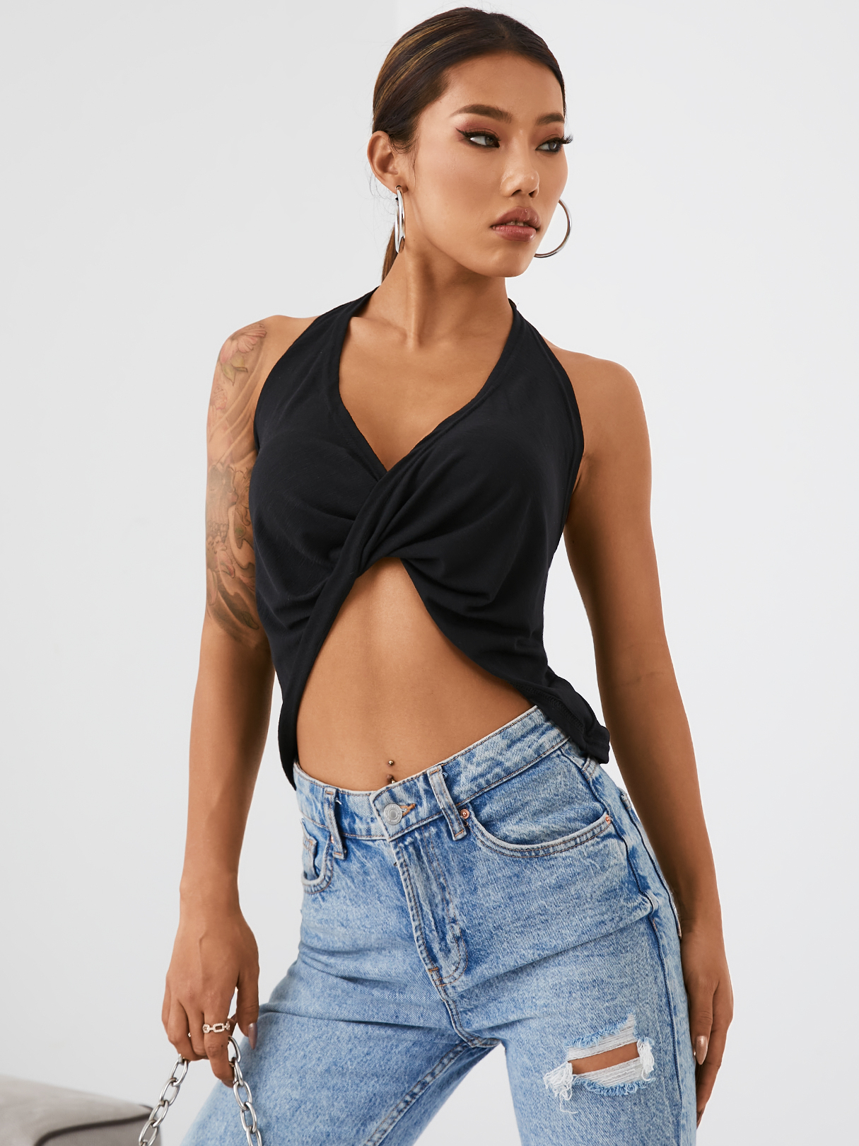 Black Backless Self-tied Design Plain Deep V Neck Camis