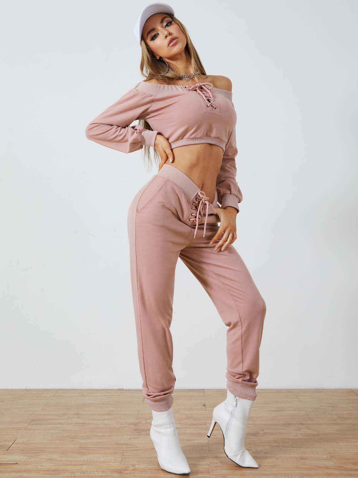 YOINS Off the shoulder Side Pockets Lace-up design Long sleeves Top & Pants Set