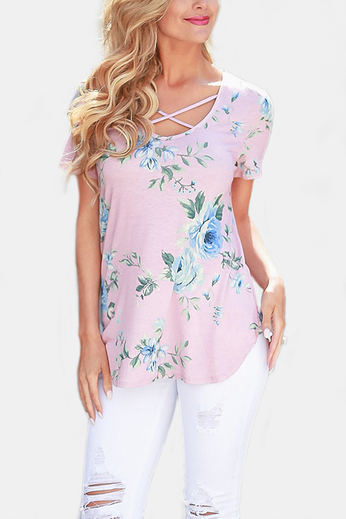 Random Floral Print V-neck Strappy Cross Front Top in Pink