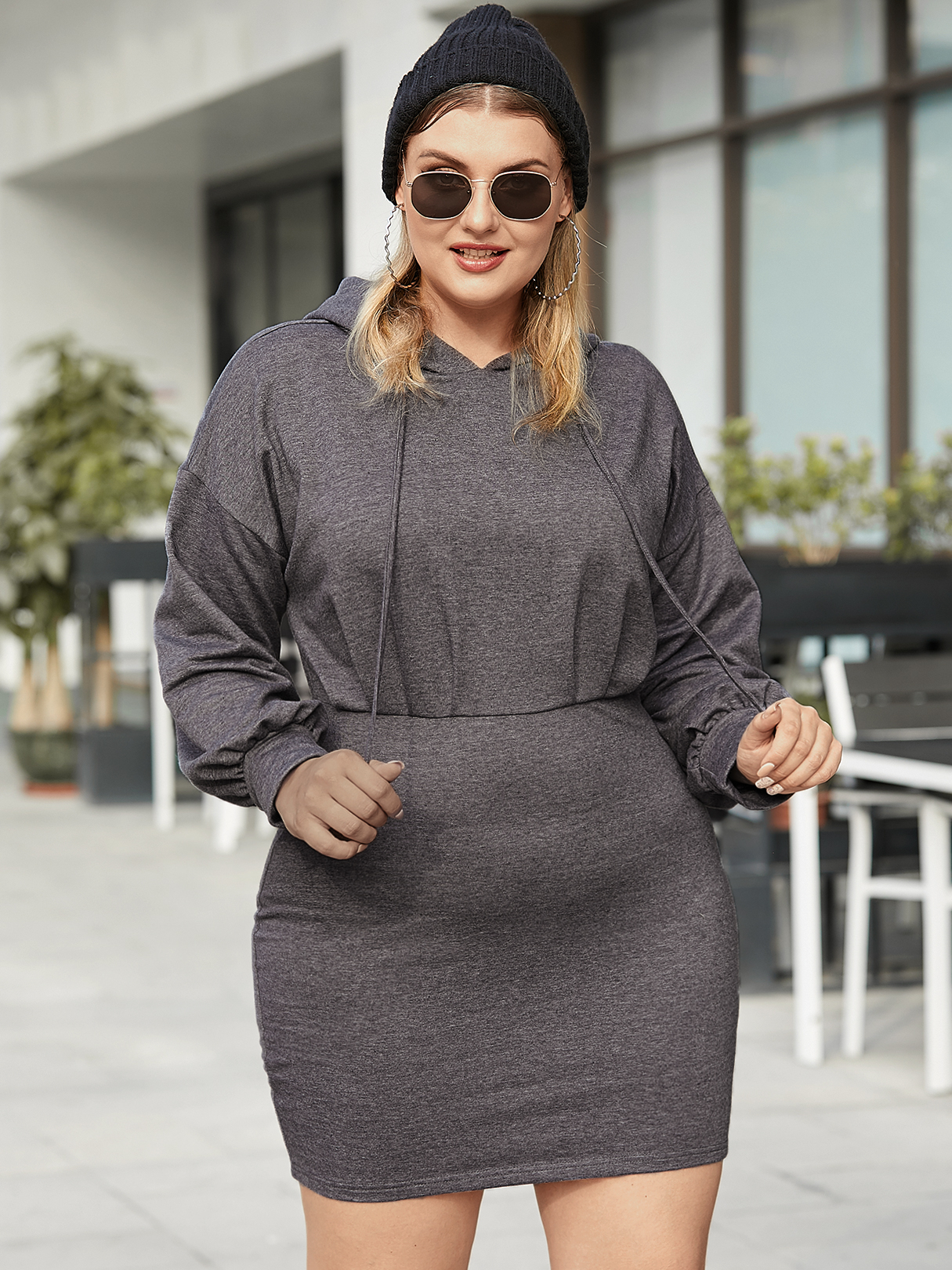 YOINS Plus Size Pullover Drawstring Hooded Design Long Sleeves Mini Dress
