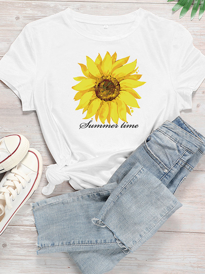 Plus Size White Floral Print Short Sleeves Tee