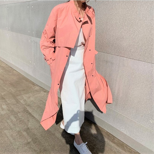NANING9 - Stand-Neck Buttoned Trench Coat - Pink/One Size