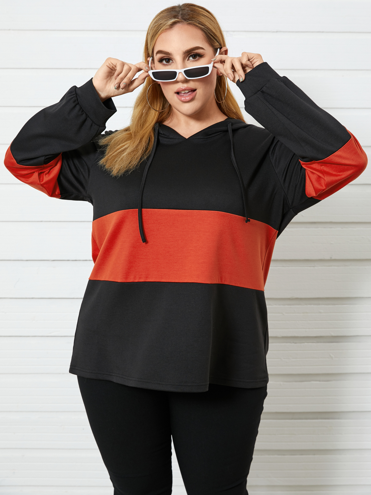 YOINS Plus Size Patchwork Hooded Design Long Sleeves Sweatshirt