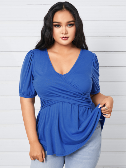 YOINS Plus Size V-neck Wrap Design Short Sleeves Tee
