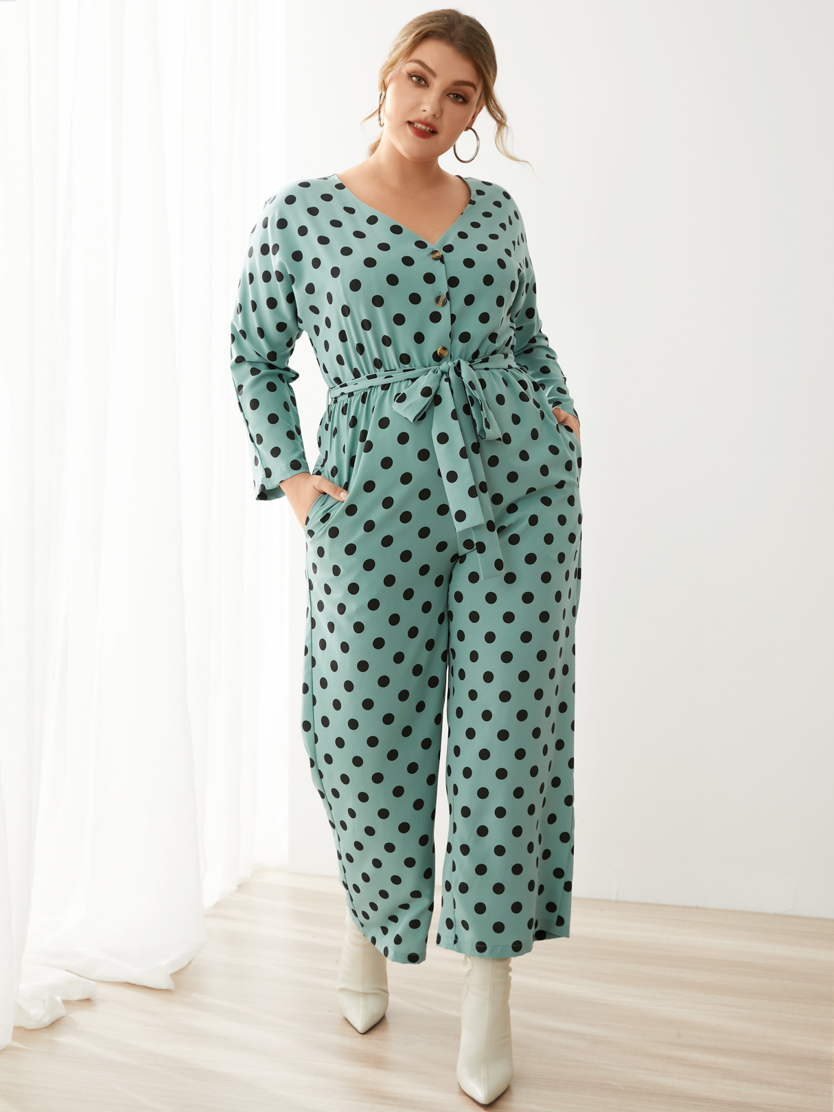 YOINS Plus Size V-neck Polka Dot Belt Design Long Sleeves Jumpsuit