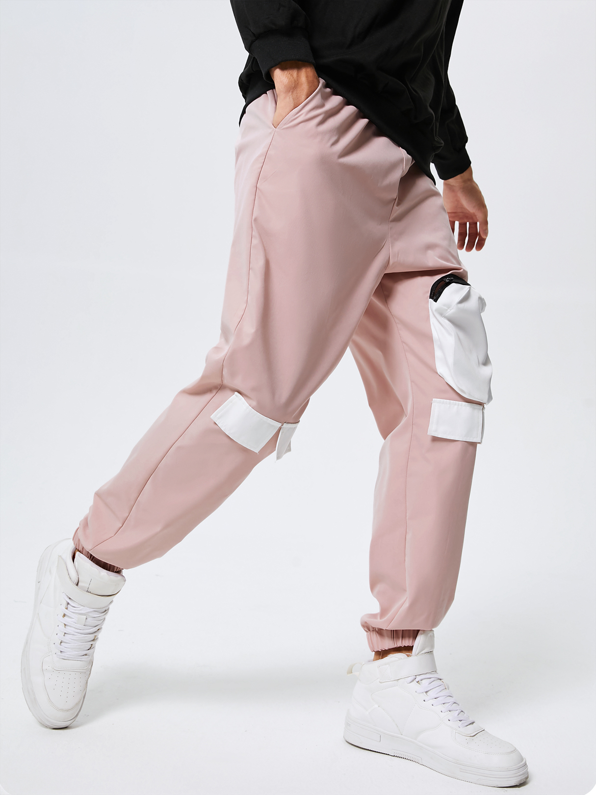 Men Fashion Zip Pocket Drawstring Waist Cargo Pants