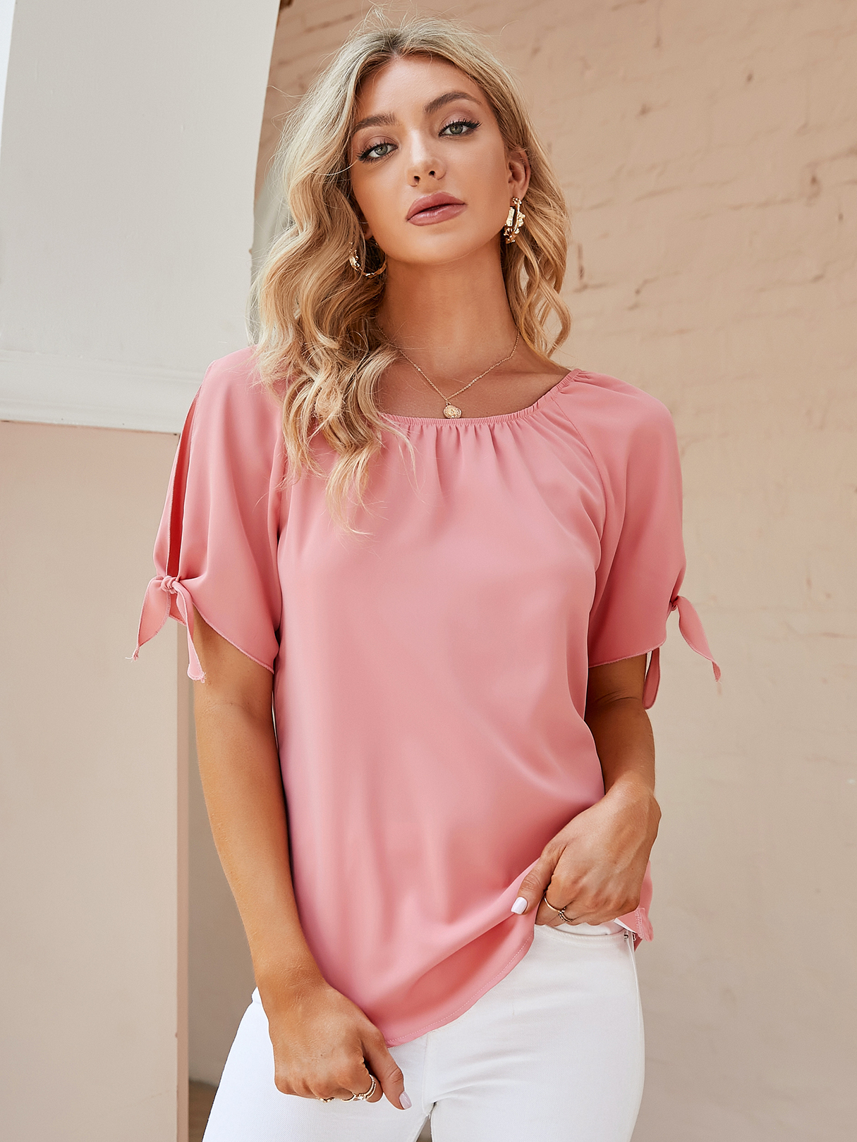 YOINS Pink Tie-up At Cuffs Short Sleeves Round Neck Blouse