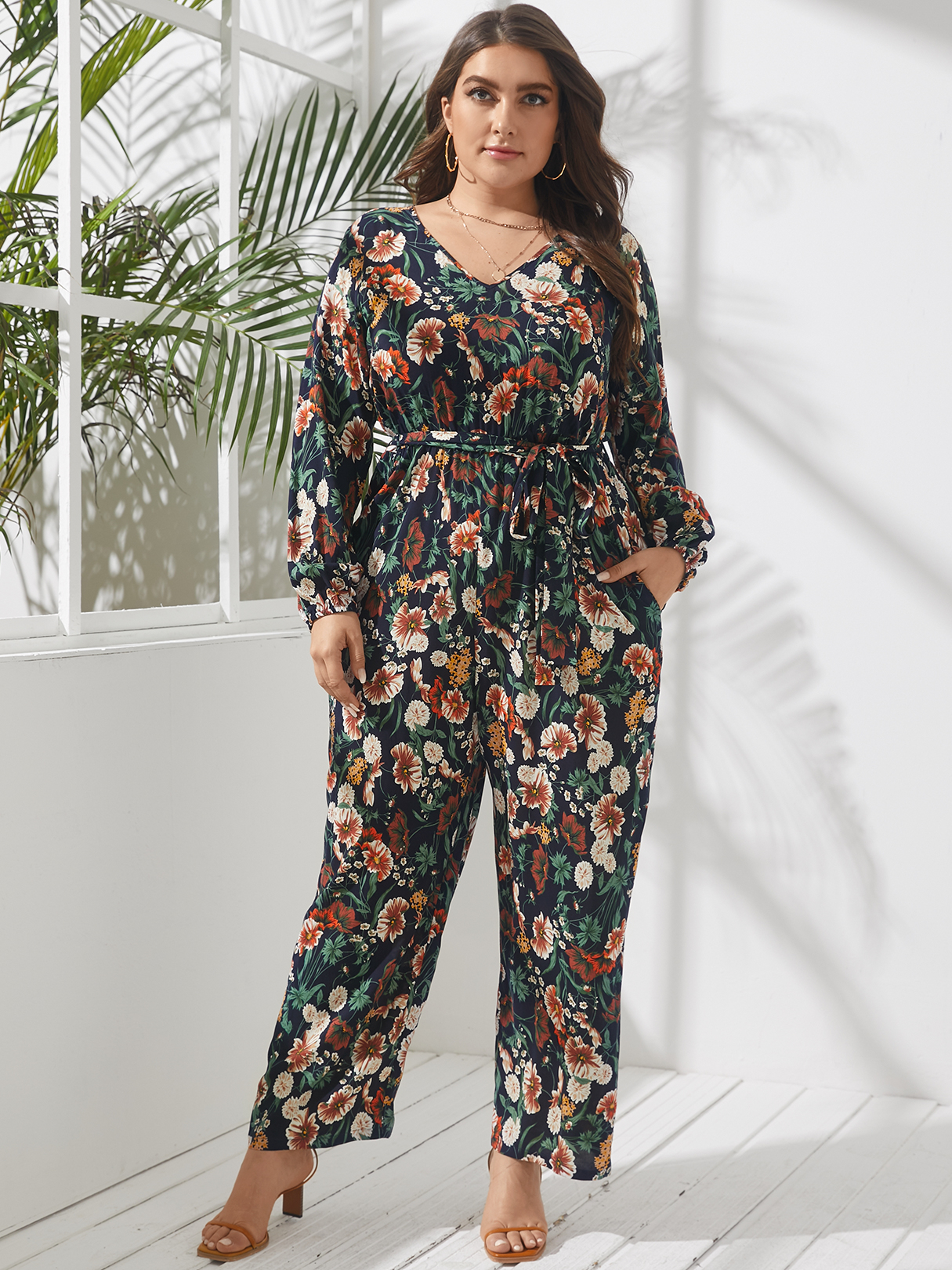 YOINS Plus Size V-neck Belt Design Long Sleeves Jumpsuit