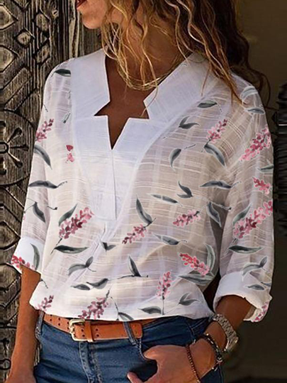 YOINS White Floral Print V-neck Long Sleeves Shirt