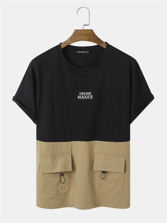 Newchic Men Letter Print Color Block Patchwork Pocket Front T-Shirt