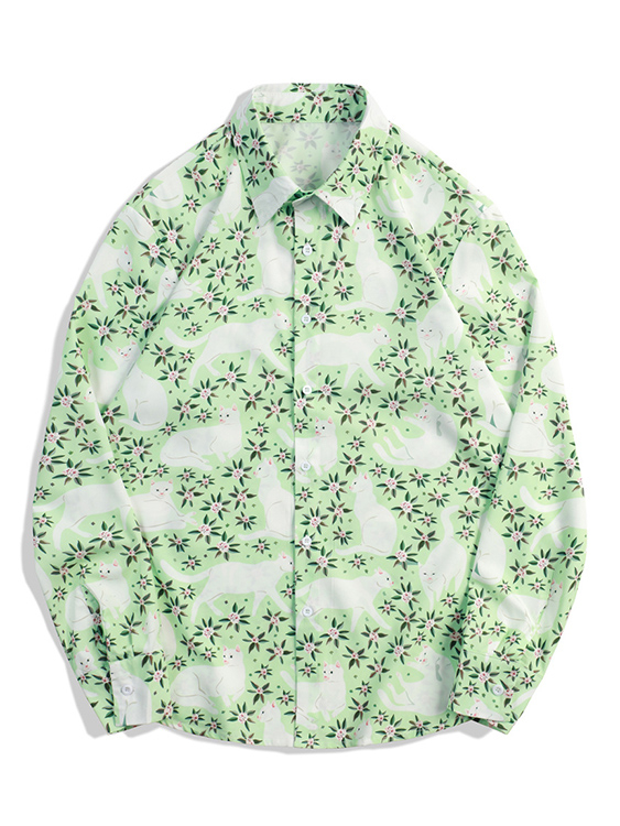 Men Cats And Plants Print Shirt