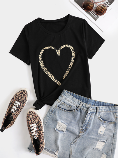 YOINS Leopard Heart Print Crew Neck Short Sleeves Tee